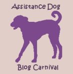 Assistance Dog Blog Carnival graphic. A square graphic, with a lavender background. A leggy purple dog of unidentifiable breed, with floppy ears and a curly tail, in silhouette, is in the center. Words are in dark blue, a font that looks like it's dancing a bit.
