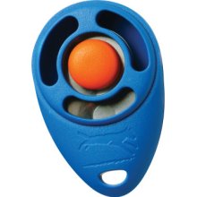 A large royal blue, egg-shaped clicker with an orange button at the fatter part and a sturdy plastic loop at the bottom for attaching a cord or loop.