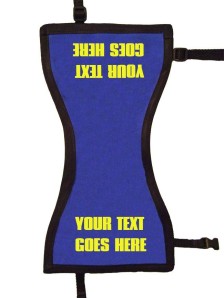 Therapy-dog-style vest in dark blue with large yellow embroidery that says YOUR TEXT GOES HERE on both sides.