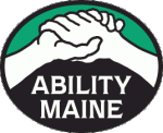An oval with two clasped hands reaching above the words Ability Maine in white letters on a black background that suggests mountains and a green background above the hands.