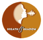 Breath and Shadow logo. A circle in tones of brown, peach, and mustard. There is a silhouette of a face that looks like a woman's face breathing out and inside that as a shadow is a second face which seems more like a man's face. Below that are the words Breath & Shadow in white letters.