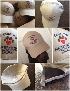 7 photos of the hats from all angles to show all the details. The center picture shows Guide Dog Jack, a chocolate Lab, modeling the hat.